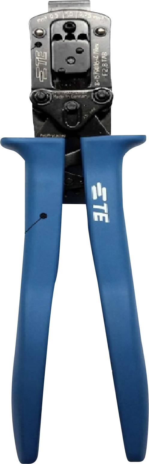 Szczypce zaciskowe z niebieskim uchwytem do łączenia kabli ze złączami. Odpowiednie do instalacji elektrycznych.