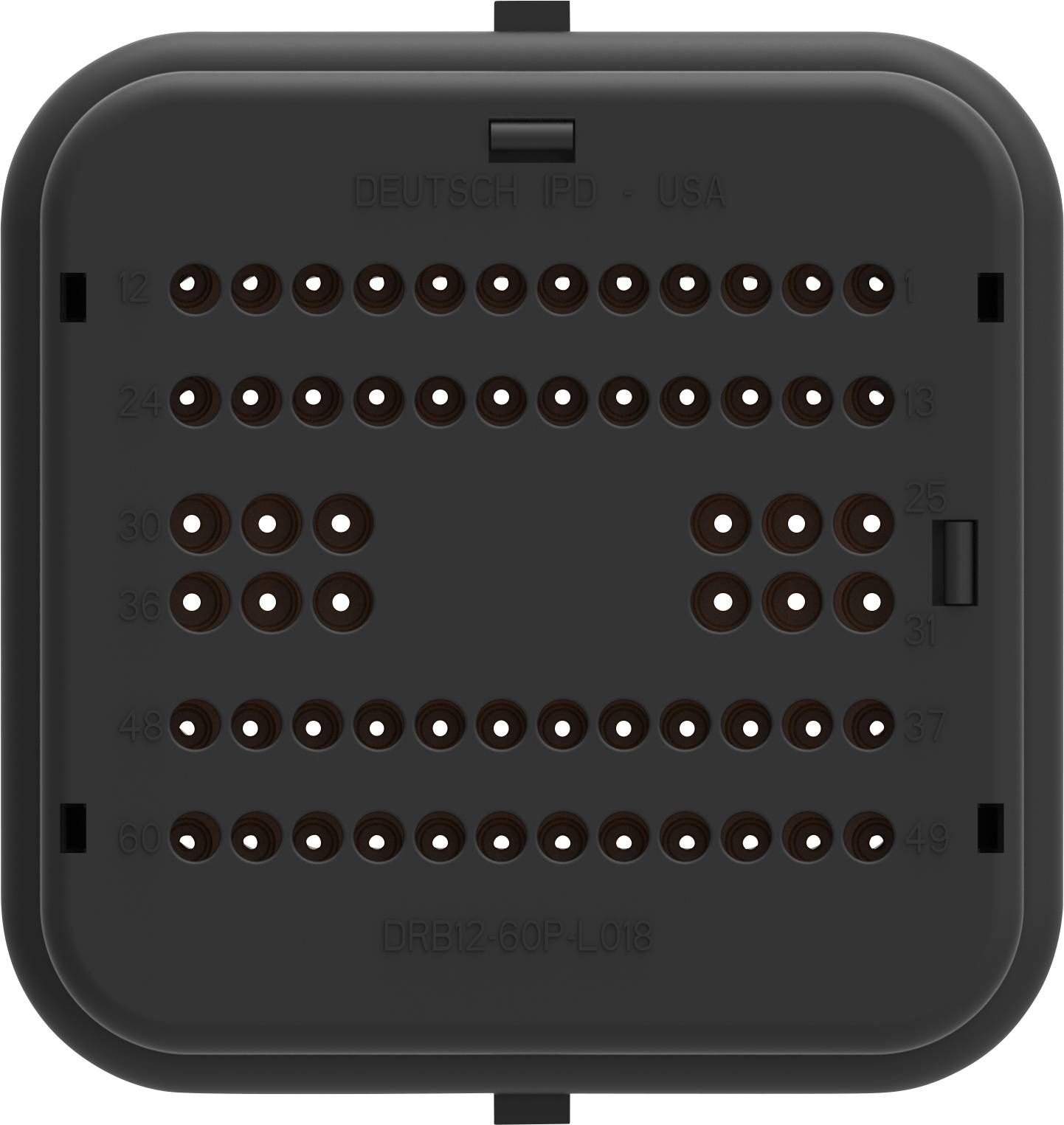 Na obudowie złącza, posiadającej wiele numerycznych otworów przyłączeniowych, widnieje napis 'DEUTSCH IPD - USA'.