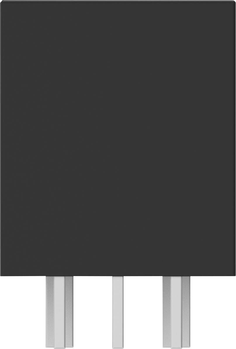 Czarny, prostokątny element elektroniczny z trzema srebrnymi stykami od dołu. Używany głównie w obwodach elektronicznych.