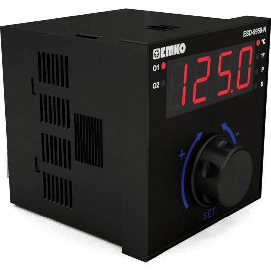 Cyfrowe urządzenie sterujące temperaturą z wyświetlaczem cyfrowym, wskazujące '125,0', pokrętło poniżej do regulacji, w czarnej obudowie.