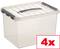 Przezroczyste pudełko do przechowywania z czarną rączką na wieku. W czerwonym polu w dolnym prawym rogu widnieje napis '4x'.