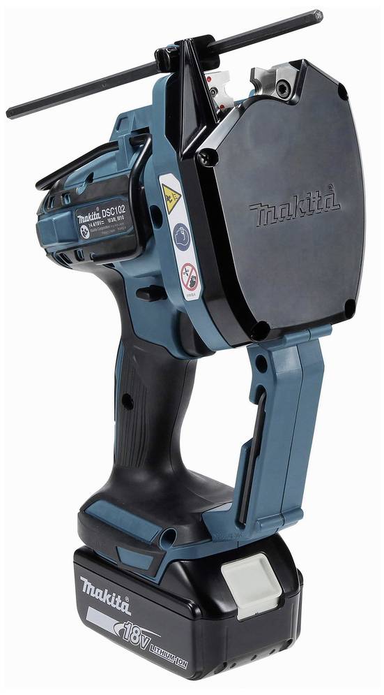 Bezprzewodowe urządzenie Makita 18V w kolorze niebiesko-czarnym z uchwytem, przystosowane do cięcia lub przycinania. Widoczny akumulator i nazwa marki.