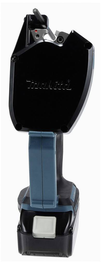 Elektroniczne narzędzie wyglądające jak akumulatorowy nóż, głównie czarne z niebieskimi akcentami i ergonomicznym uchwytem.