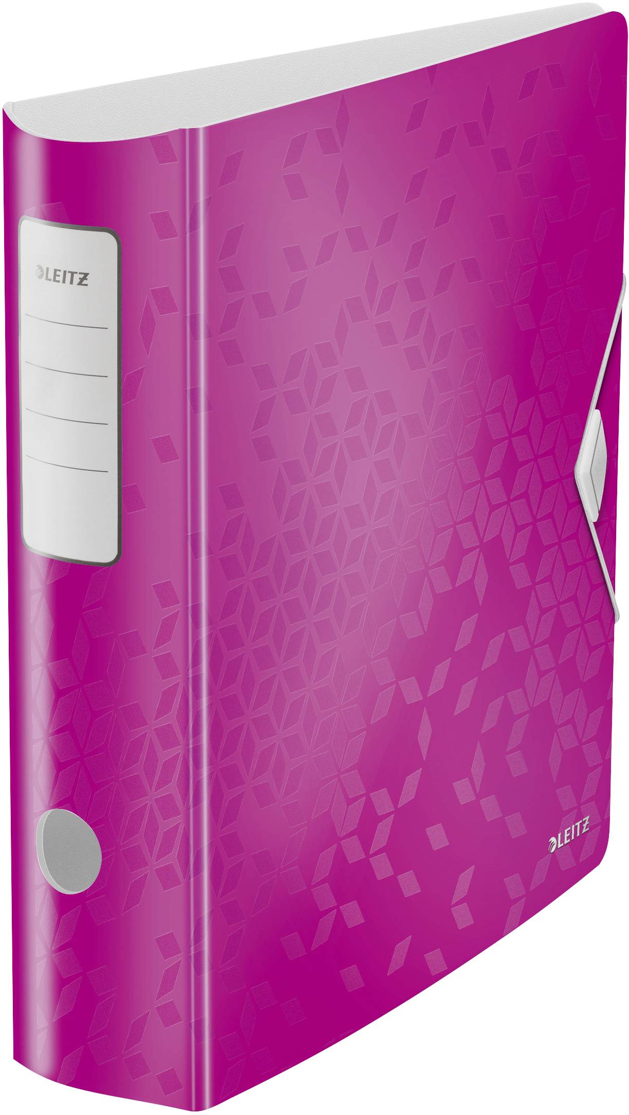 Różowy segregator z geometrycznym wzorem i etykietą z boku.