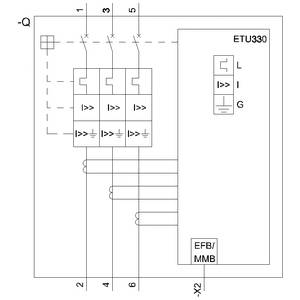 Diagram elektrycznego wyłącznika z wyświetlaczem ETU330. Przedstawia zabezpieczenie przed nadprądem i zwarciami. Linie łączą poszczególne przełączniki.