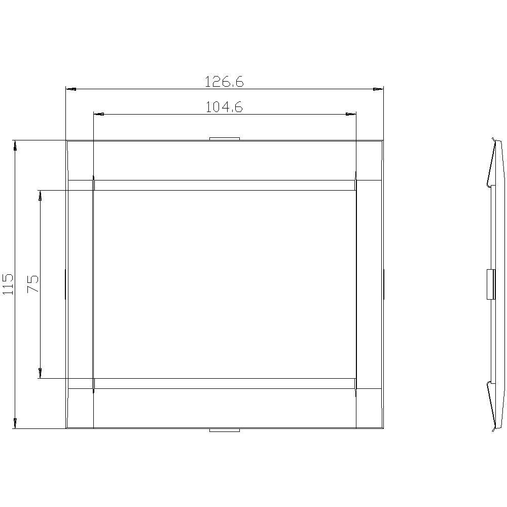 Rysunek techniczny ramy o wymiarach 126,6 x 115 mm oraz wymiarach wewnętrznych 104,6 x 75 mm, widok z boku i z przodu.