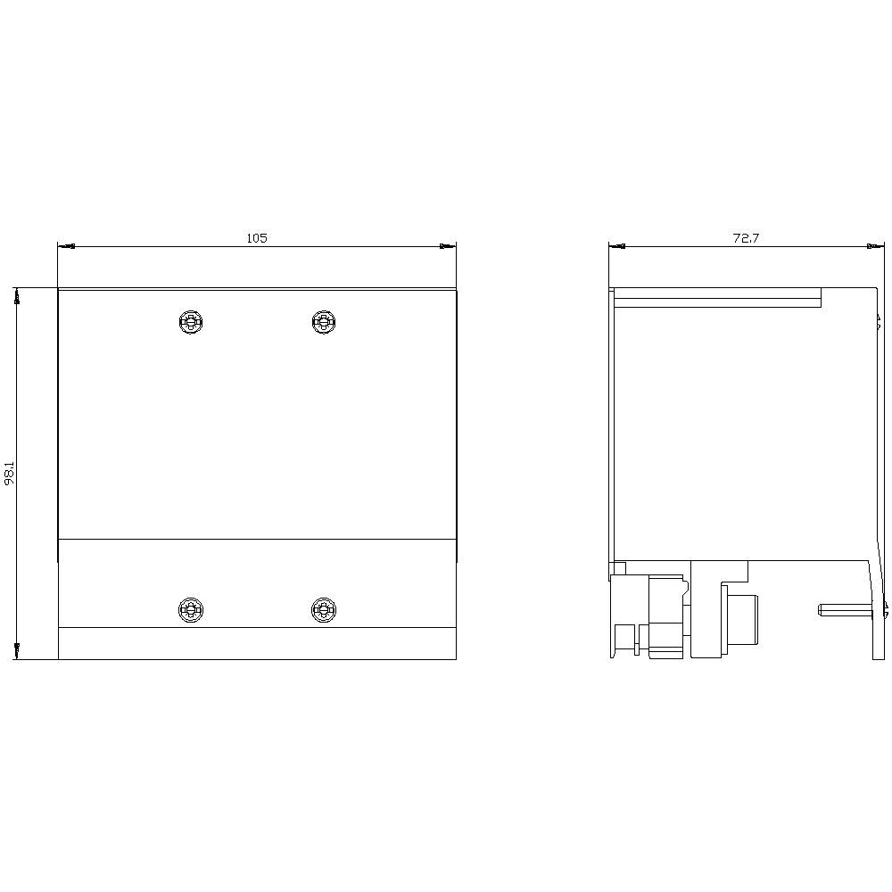 Rysunek techniczny prostokątnej obudowy o wymiarach 105 mm i 72,7 mm. Widoczne są otwory na śruby oraz złącza.