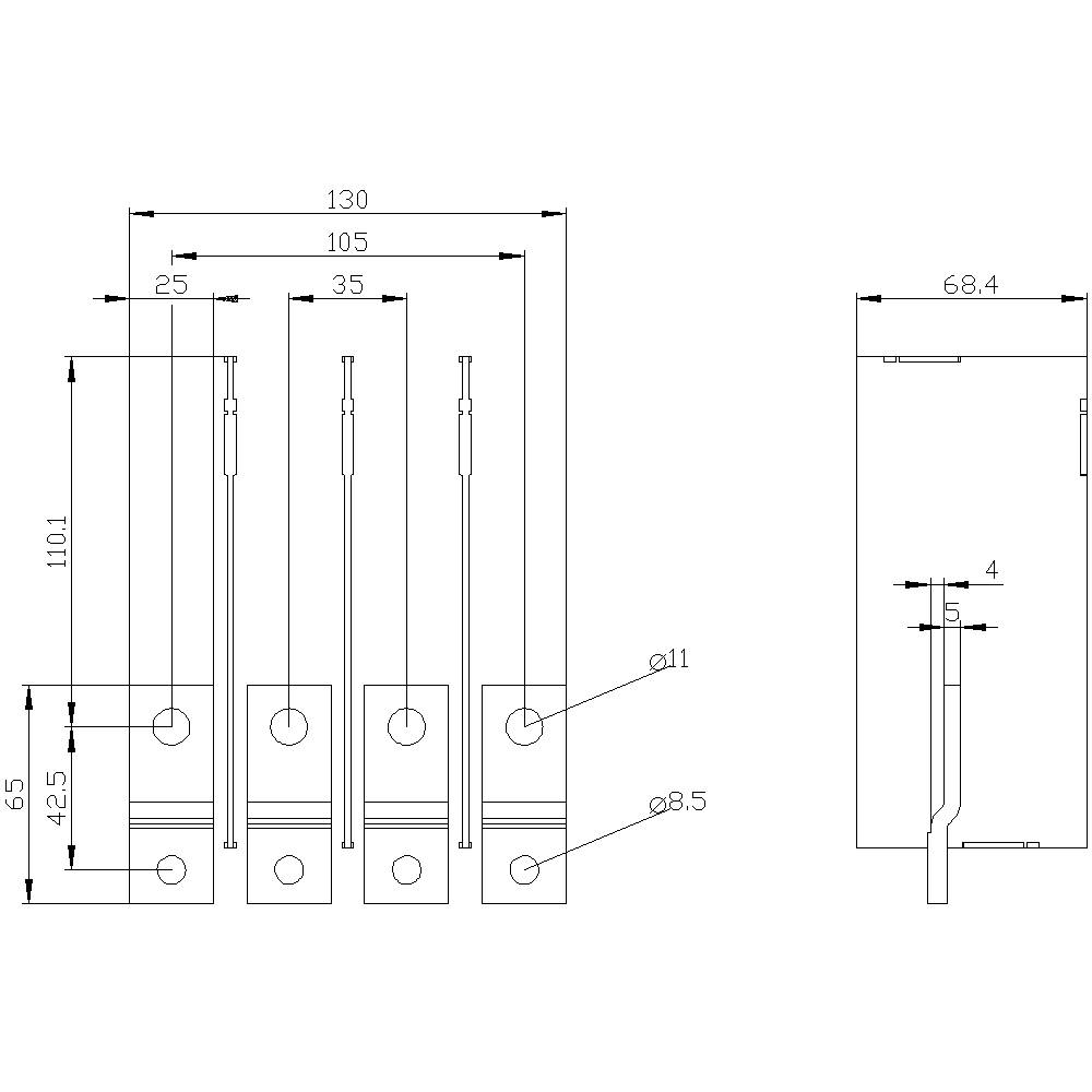 Rysunek techniczny czterech elementów cylindrycznych z wymiarowaniem. Elementy o wysokości 110,1 mm, średnicy 8,5 mm i 11 mm.