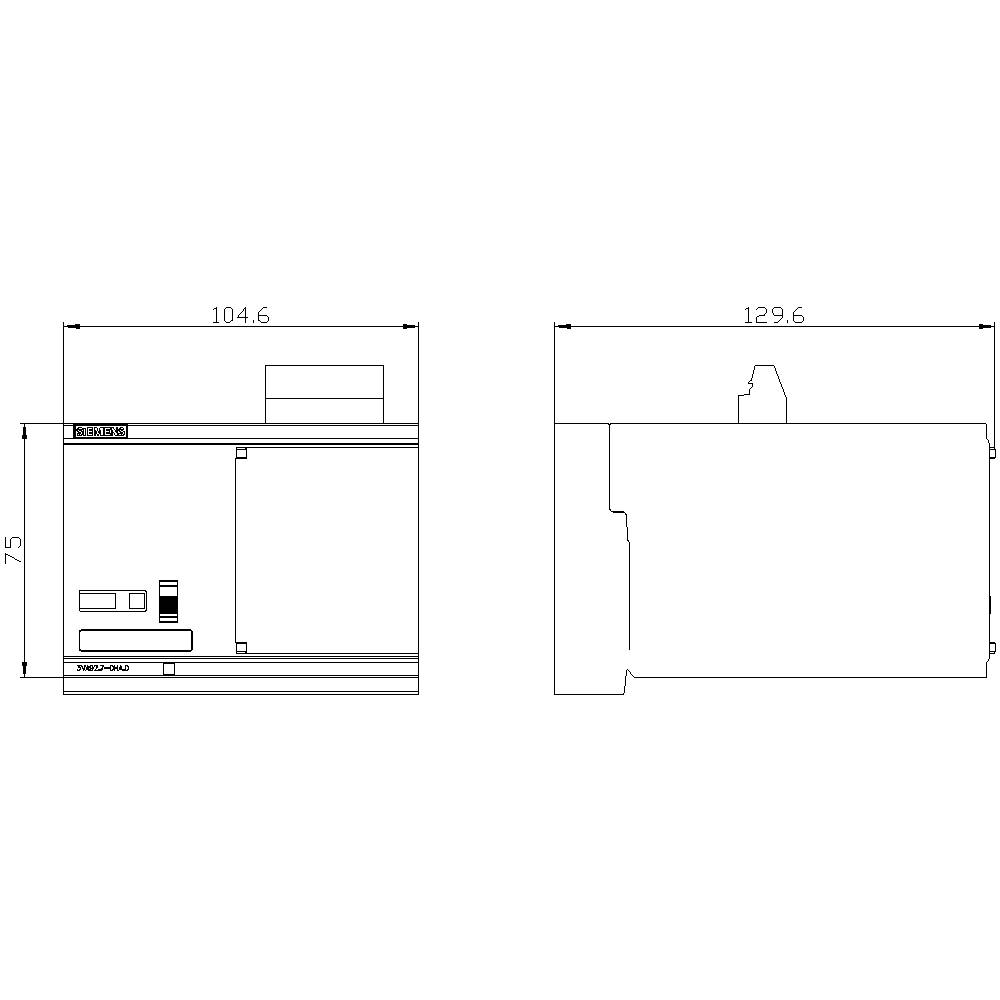 Rysunek techniczny prostokątnego urządzenia z wymiarami: szerokość 104,6, wysokość 75 i głębokość 129,6. Przedstawiona widok z przodu i z boku.