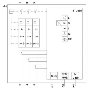 Schemat elektryczny wyłącznika mocy z przekładnikami prądowymi i funkcjami zabezpieczającymi. Symbole: zabezpieczenie nadprądowe, wskaźnik zwarcia doziemnego i zwarcia.