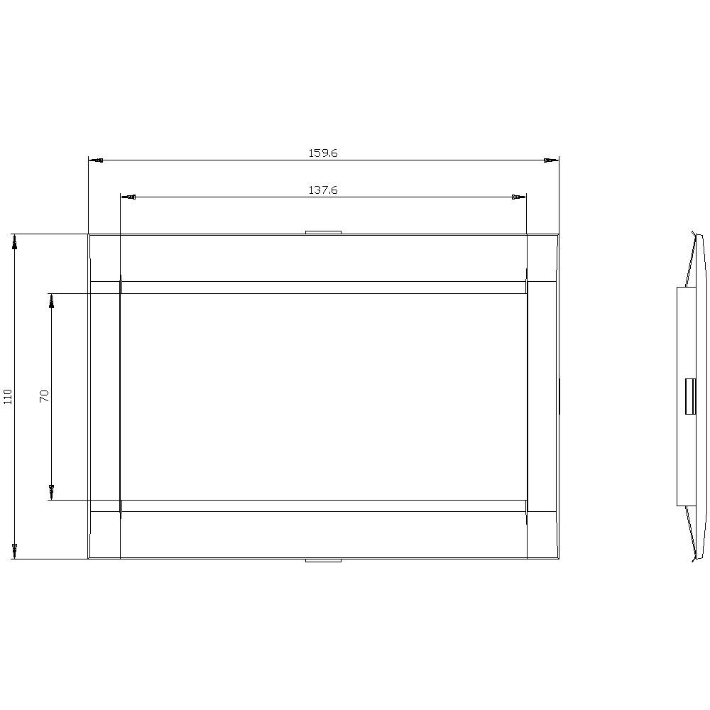 Rysunek techniczny prostokątnego obiektu o wymiarach: długość 159,6 mm, szerokość 110 mm, wysokość 70 mm. Zawiera widoki szczegółowe.
