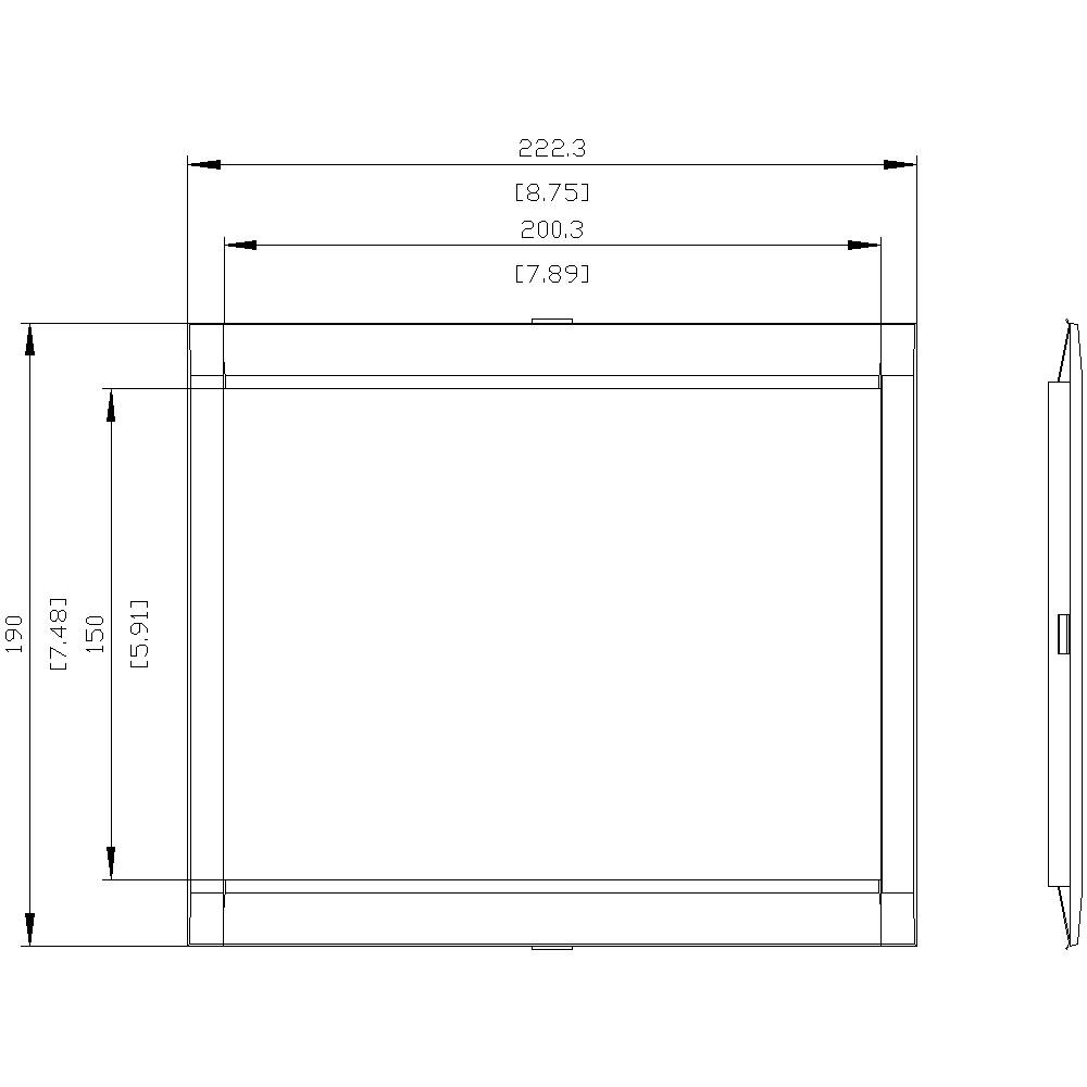 Rysunek techniczny prostokątnego elementu metalowego z wymiarami w milimetrach i calach. Szerokość 222,3 mm, wysokość 198 mm.