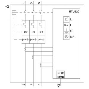 Schemat elektryczny wyłącznika mocy z modułem ETU830. Przedstawia tory prądowe, urządzenia zabezpieczające i szczegóły podłączenia.