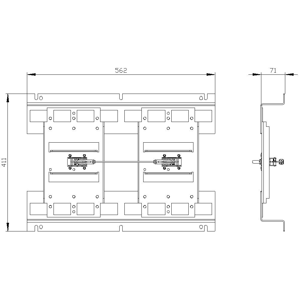 Rysunek techniczny prostokątnej metalowej ramy z mocowaniami, widok z boku i z przodu z wymiarami: 562 x 411 mm, głębokość 71 mm.