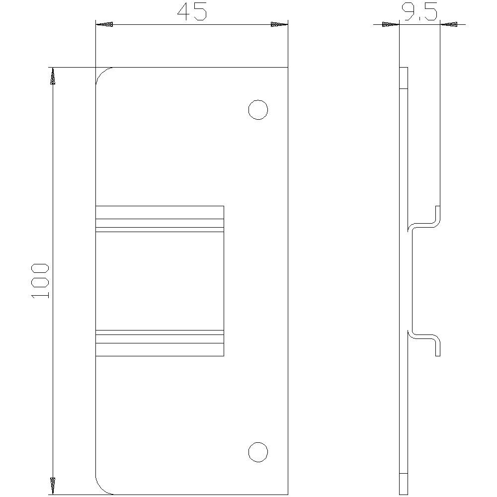 Rysunek techniczny profilu metalowego z wymiarami: wysokość 100 mm, szerokość 45 mm, głębokość 9,5 mm. Szczegóły profilu i otwory są widoczne.