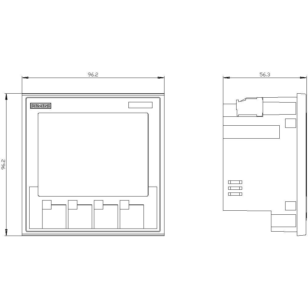 Rysunek techniczny urządzenia elektronicznego z widokiem z przodu i z boku. Wymiary: 96,2 x 96,2 oraz 56,3 mm.