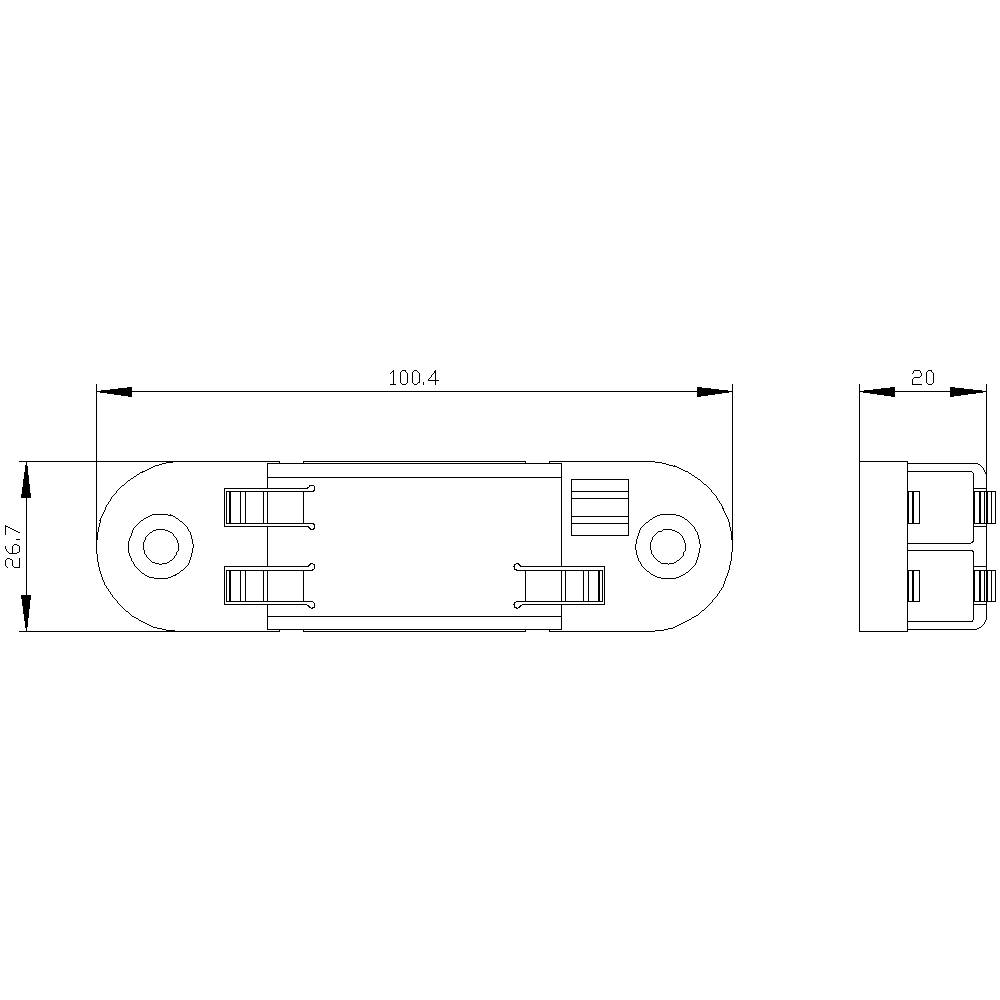 'Rysunek techniczny prostokątnego uchwytu metalowego z otworami na obu końcach. Wymiary: 100,4 x 26,7 mm, wysokość: 20 mm.'