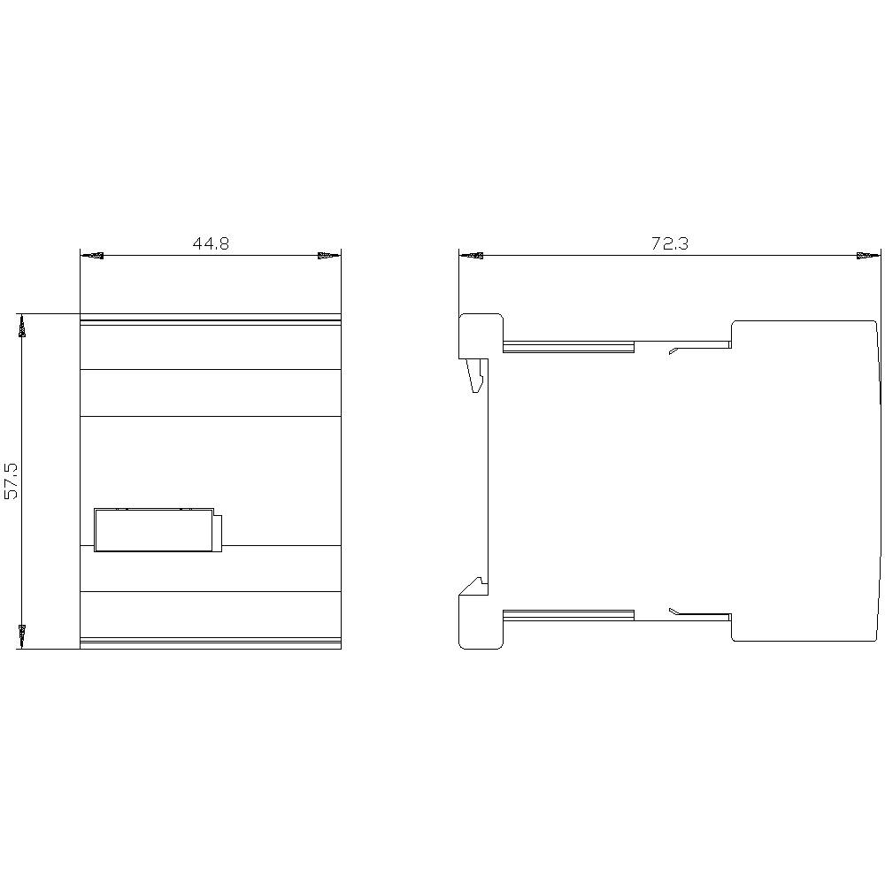 Rysunek techniczny elementu z wymiarami: szerokość 44,8 mm, wysokość 57,5 mm, głębokość 72,3 mm. Kształt prostokątny, przedstawiony widok z boku.