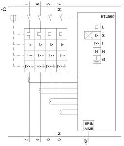 Diagram przedstawia połączenie modułu ETU560 ze stykami przełączającymi, oznaczonymi literami L, S, I, N, G dla elektrycznych systemów sterowania.