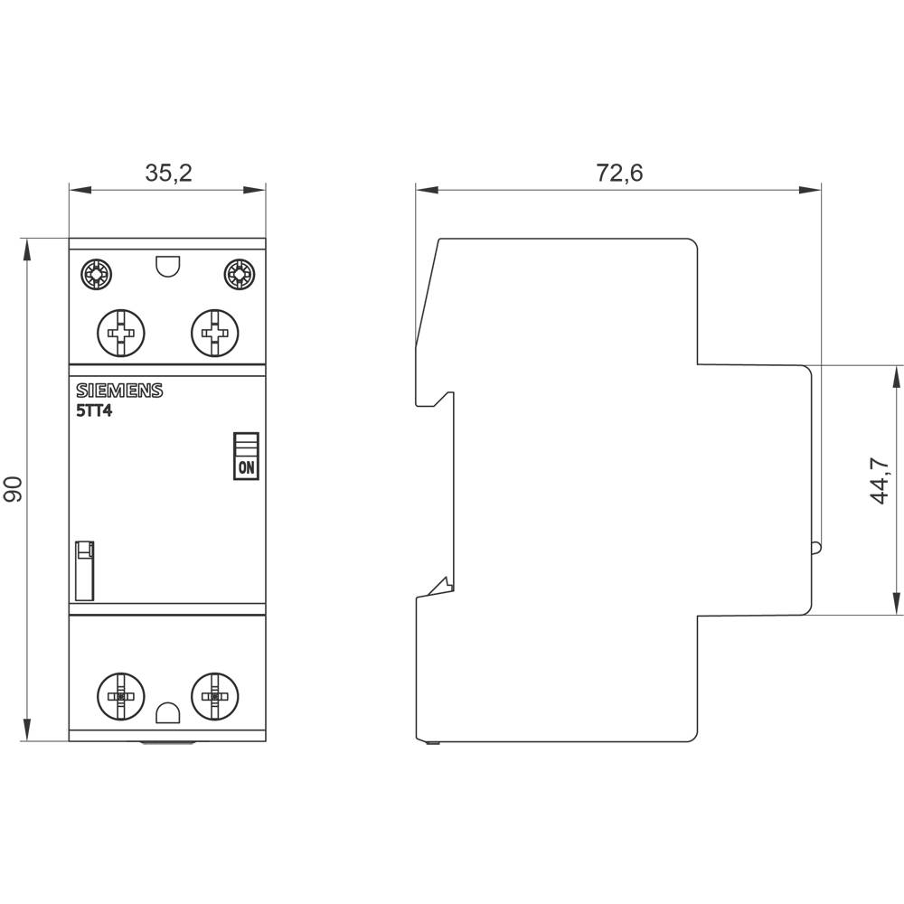 Schemat elektryczny urządzenia o wymiarach 35,2 mm x 90 mm x 72,6 mm. Przełącznik jest widoczny z przodu, oznaczony napisem 'ON'.