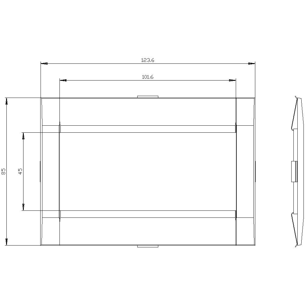 Rysunek techniczny prostokątnego obiektu o wymiarach: 123,6 szerokości, 85 wysokości. Widok z boku po prawej stronie przedstawia szczegóły krawędzi.