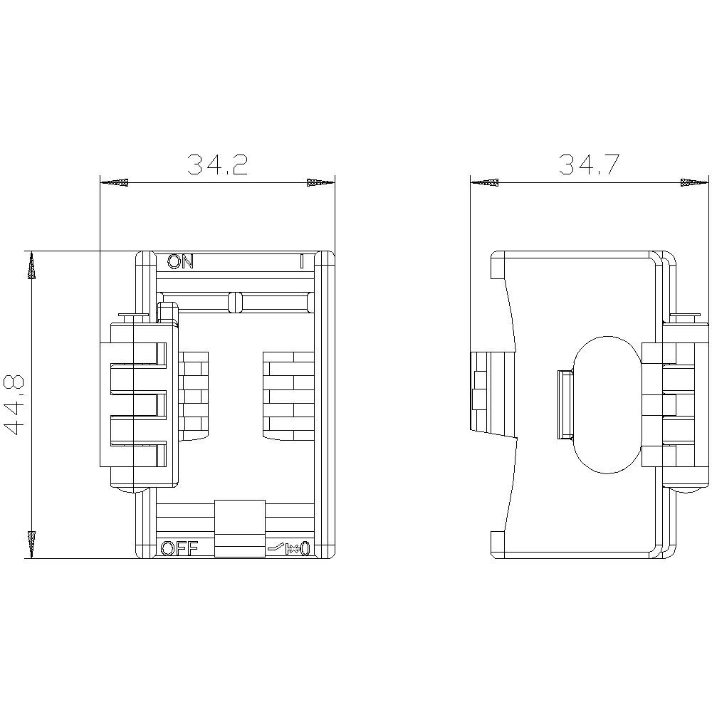 Rysunek techniczny przełącznika z wymiarami: szerokość 34,2 mm, wysokość 44,8 mm i głębokość 34,7 mm. Widok z przodu i z boku.