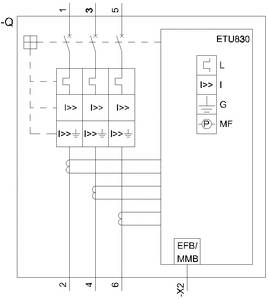 Diagram wyłącznika z modułem ETU830, przedstawiający przewody, oznaczenia L, I, MF oraz interfejsy EFB/MMB.