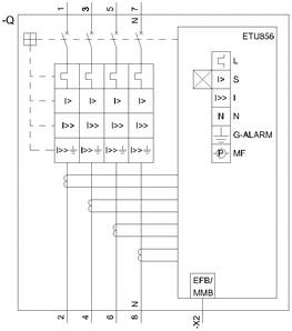 Schemat elektronicznego urządzenia ochronnego (ETU856) z przyłączami, przełącznikami i diodami LED do sterowania i sygnalizacji alarmowej.