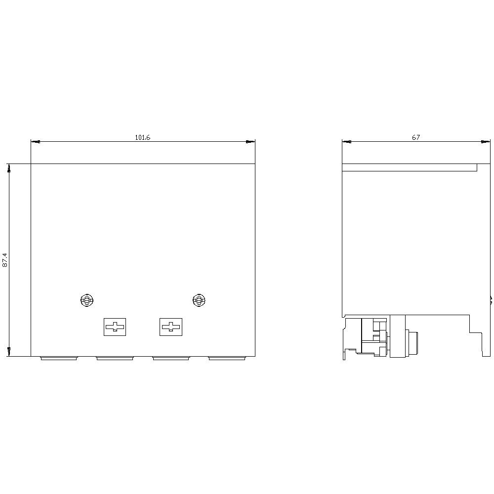 Rysunek techniczny prostokątnego urządzenia o wymiarach 101,6 mm x 67,1 mm w widoku z przodu oraz 67 mm w widoku z boku.