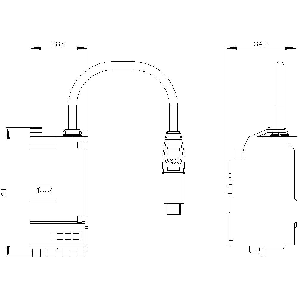 Rysunek techniczny elementu elektronicznego z wymiarami: szerokość 28,8 mm i 34,9 mm, wysokość 64 mm. Widoczne złącza i wtyczki.