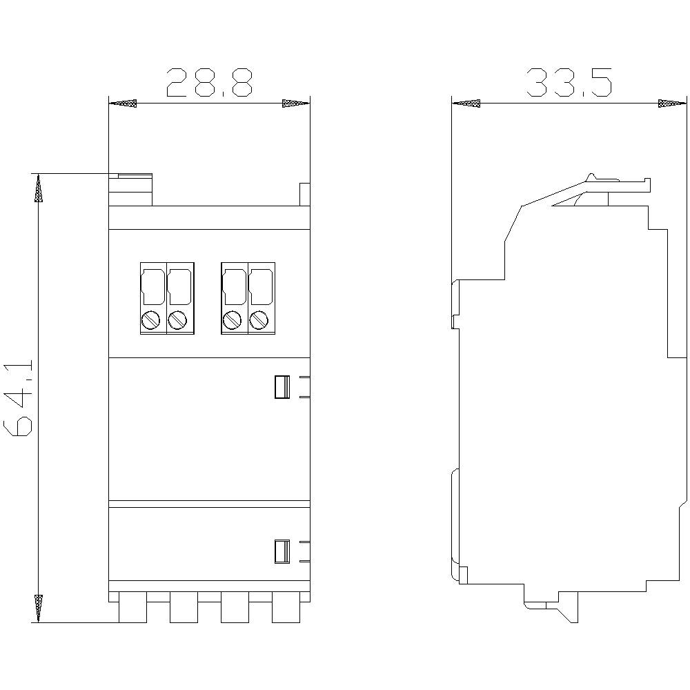 Rysunek techniczny urządzenia elektrycznego o wymiarach 28,8 x 64,1 x 33,5 mm. Przedstawia widok z przodu i z boku.
