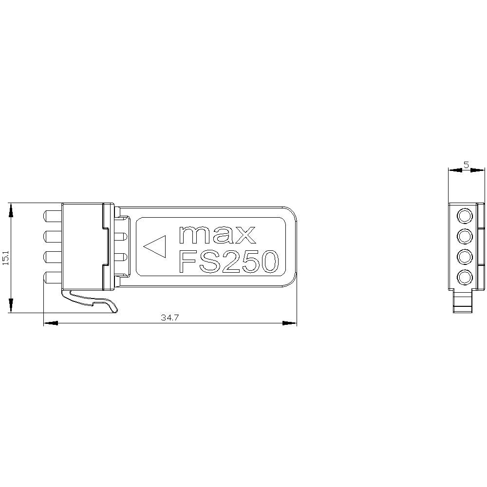 Rysunek techniczny złącza. Oznaczony napisem 'max FS250'. Przedstawia wymiary: długość 34,7 mm, wysokość 15,1 mm, szerokość 5 mm.