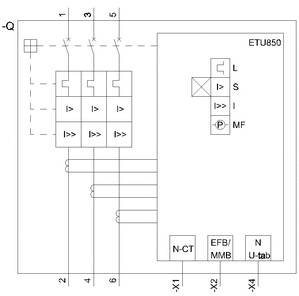 Schemat elektryczny elektronicznego przekaźnika zabezpieczeniowego ETU850 z punktami przyłączeniowymi. Przedstawia bezpieczniki, zabezpieczenie linii oraz inne elementy.