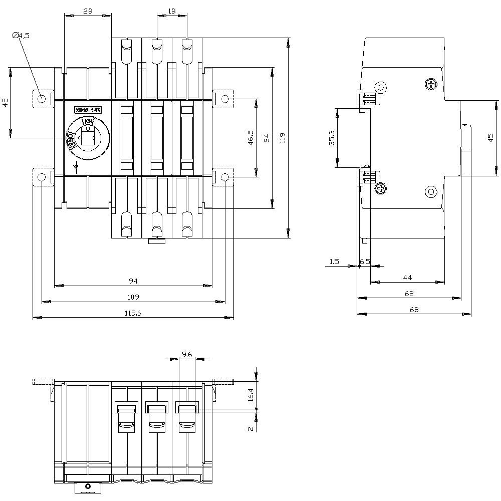 Rysunek techniczny elektromechanicznego przełącznika z wymiarami w milimetrach, w tym szerokościami, długościami i wysokościami.