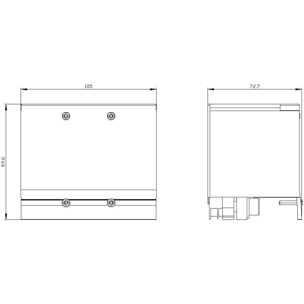 Rysunek techniczny prostokątnej obudowy metalowej o wymiarach: 105 x 95,6 mm widok z przodu, 72,7 mm widok z boku.