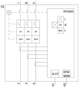 Schemat elektryczny przedstawia moduł zabezpieczający ETU550 z ustawieniami L, S, I oraz trzema wyłącznikami mocy, połączonymi z transformatorem prądowym N-CT.