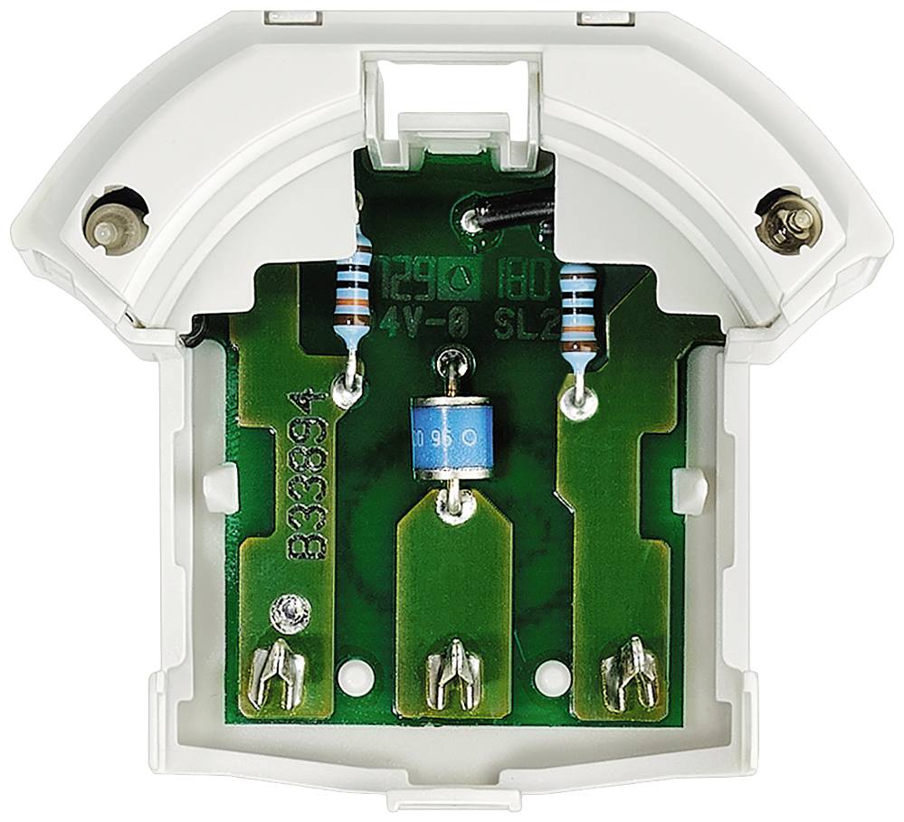 Elektroniczny element w białej obudowie z widocznymi rezystorami i złączami.