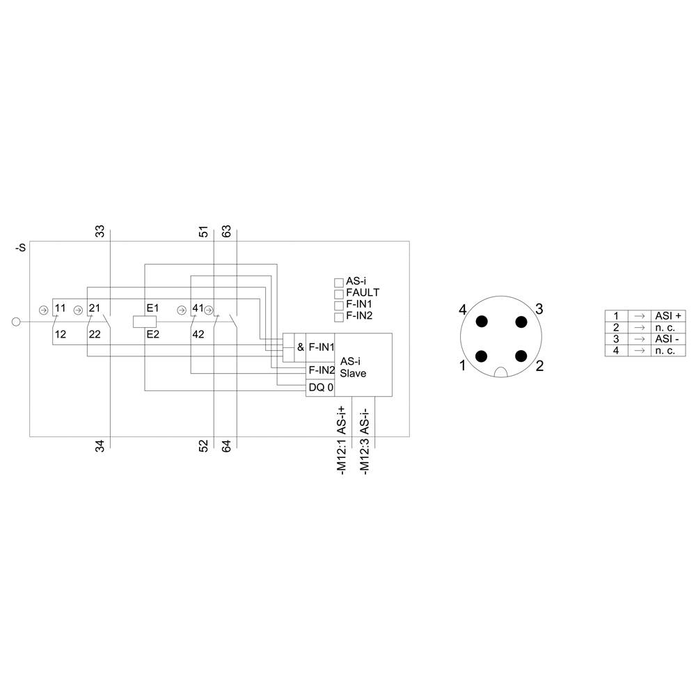 Schemat elektryczny ze złączem 4-biegunowym. Po lewej stronie obwody AS-I, FAULT, F-IN1, F-IN2. Po prawej stronie przyporządkowanie biegunów 1-4. Szczegółowe połączenie linii AS-I.