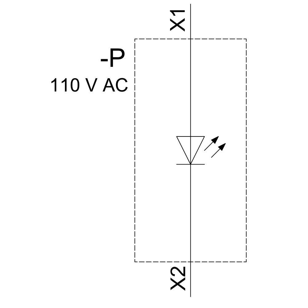 'Diagram symbolu z rezystorem, oznaczonym jako 110 V AC. Połączonym między X1 a X2.'
