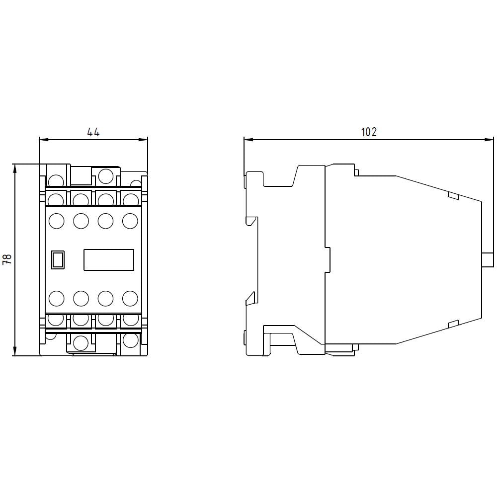 Rysunek techniczny prostokątnego urządzenia o wymiarach 44 x 78 x 102 mm. Widok z przodu i z boku.