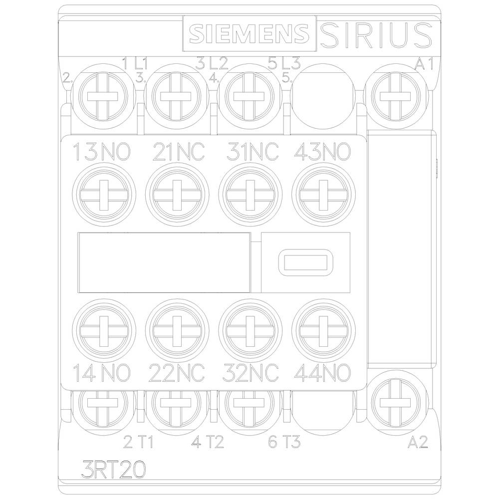 'Szkic przekaźnika Siemens Sirius 3RT20 z przyłączami i oznaczeniami zacisków przyłączeniowych od L1 do T3 oraz 13NO do 44NO.'