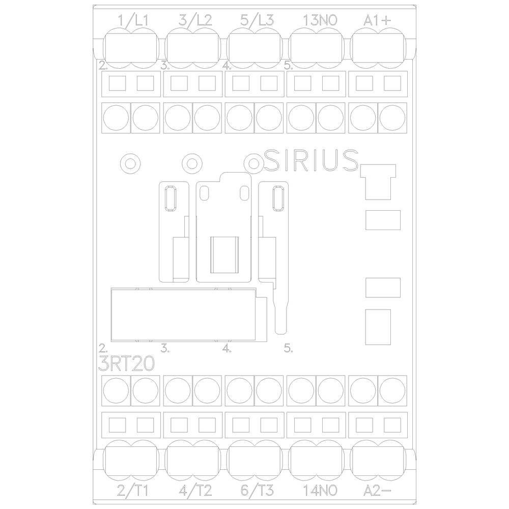 Schemat połączeń złączki Sirius z oznaczeniami: 1/L1, 3/L2, 5/L3, A1+, 3RT20, 13NO, 14NO, 2/T1, 4/T2, 6/T3, A2-.
