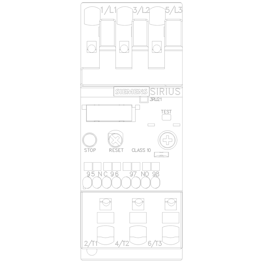 Wyłącznik Siemensa, model Sirius, z przyciskami 'Stop' i 'Reset' oraz zaciskami dla 1/L1, 3/L2, 5/L3, 2/T1, 4/T2, 6/T3.