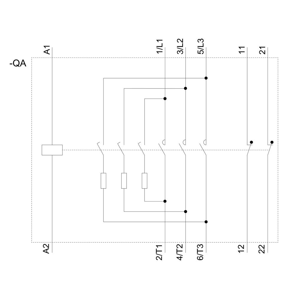 Schemat elektryczny trójfazowego obwodu sterowania stycznikiem z zaciskami: A1, A2, 1L1, 3L2, 5L3, 2T1, 4T2, 6T3, 11, 12, 21, 22.