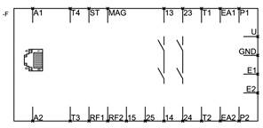 Schemat elektryczny elementu elektronicznego z przyłączami, w tym A1, T4, MAG oraz innymi. Zawiera symbole połączeń i pinów: U, GND, E1, E2.