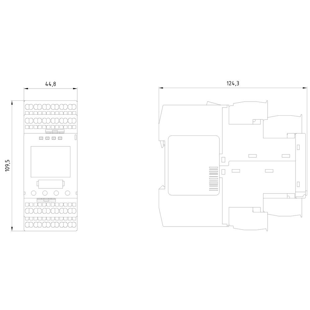 Rysunek techniczny prostokątnego urządzenia o wymiarach 44,8 x 124,3 mm i wysokości 109,5 mm.