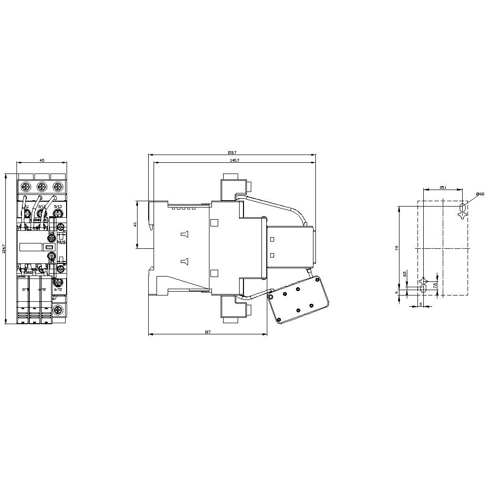 Rysunek techniczny elektrycznego włącznika z wymiarami. Przedstawia widok z przodu, z boku oraz z góry z dokładnymi opisami.