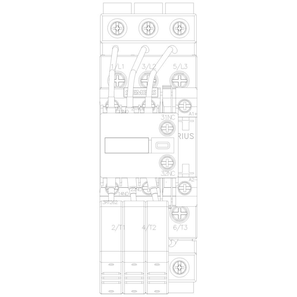 Schemat przedstawia stycznik z pięcioma punktami przyłączeniowymi i trzema bezpiecznikami u góry. Służy do sterowania prądem w instalacjach elektrycznych.