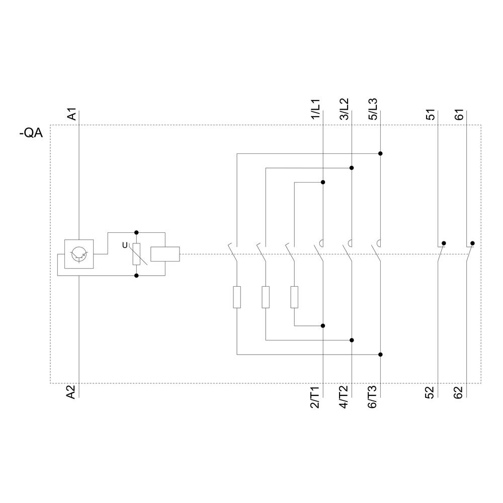 'Schemat obwodu elektrycznego: Przełącznik steruje cewką połączoną z wieloma elementami stykowymi. Oznaczenia: A1, A2, 1/L1, 3/L2, 5/L3, 2/T1, 4/T2, 6/T3.'