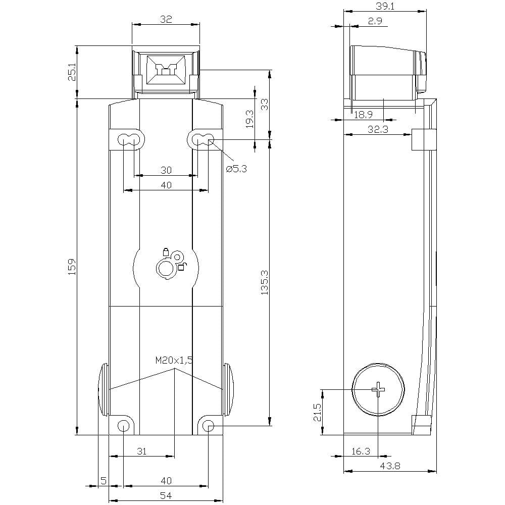 Rysunek techniczny prostokątnej obudowy z wymiarami i otworami montażowymi, przedstawiony w kilku rzutach.